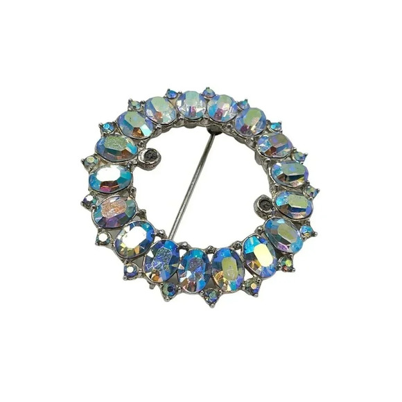 Trifari Blue Aurora Borealis Rhinestone Brooch Pin Silver Tone Vintage REPAIR - Picture 2 of 5